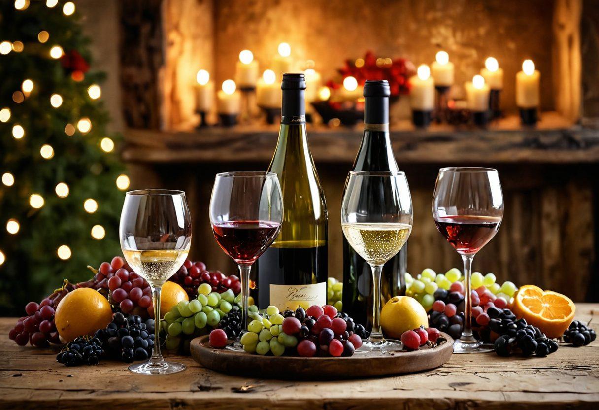 A beautifully set festive table adorned with an elegant mix of vintage and modern wine glasses. Various bottles of wine, including reds, whites, and sparkling options, are artistically displayed among seasonal decorations like twinkling lights and colorful fruits. The background features a cozy, warmly-lit gathering space, invoking a sense of celebration and cheer. Emphasize the contrast between the rustic charm of vintage pieces and the glamour of sparkling wines. vibrant colors. super-realistic. warm lighting.