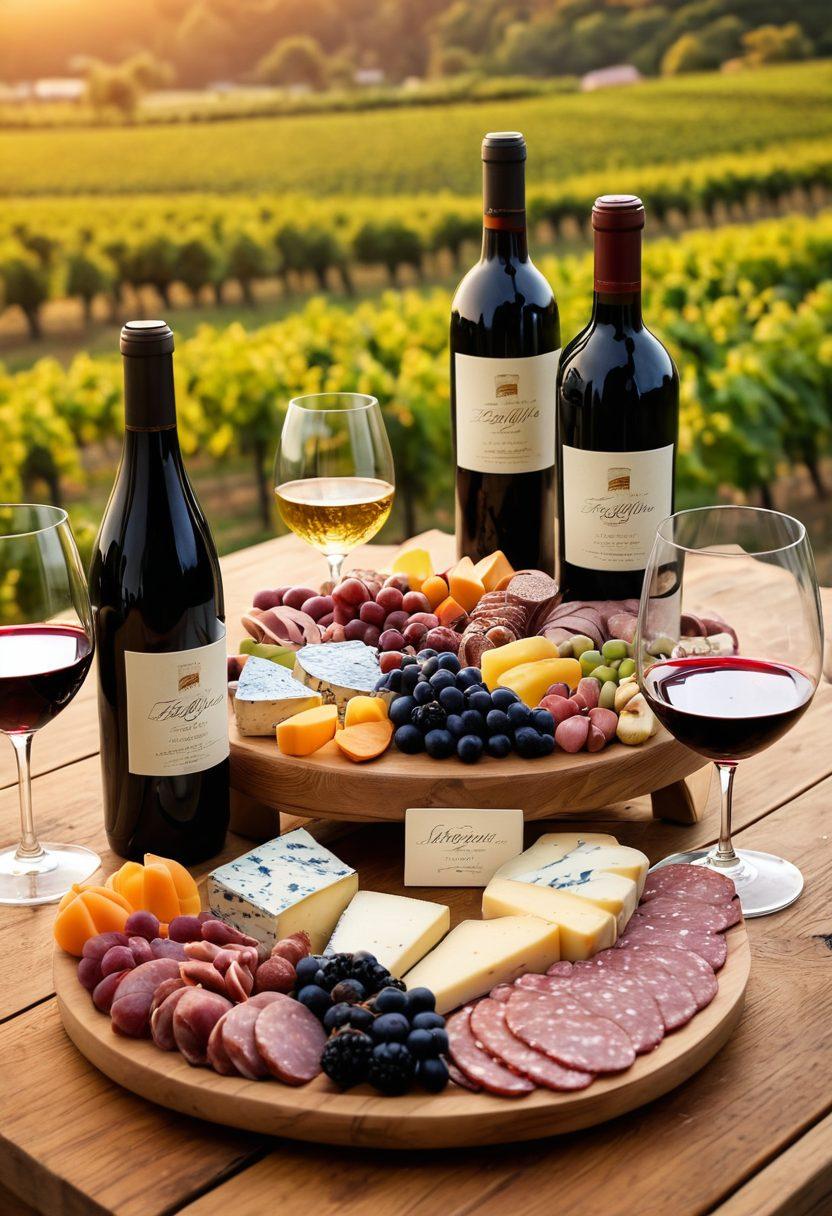 A beautifully arranged wooden table featuring a variety of artisan wine bottles, each with unique labels, surrounded by elegant wine glasses and a charcuterie board filled with gourmet cheeses and fruits. Warm ambient lighting enhances a cozy atmosphere, with a backdrop of a vineyard at sunset, symbolizing celebration and joy. Inviting and vibrant colors create a sense of exploration and delight. super-realistic. warm tones. cozy atmosphere.